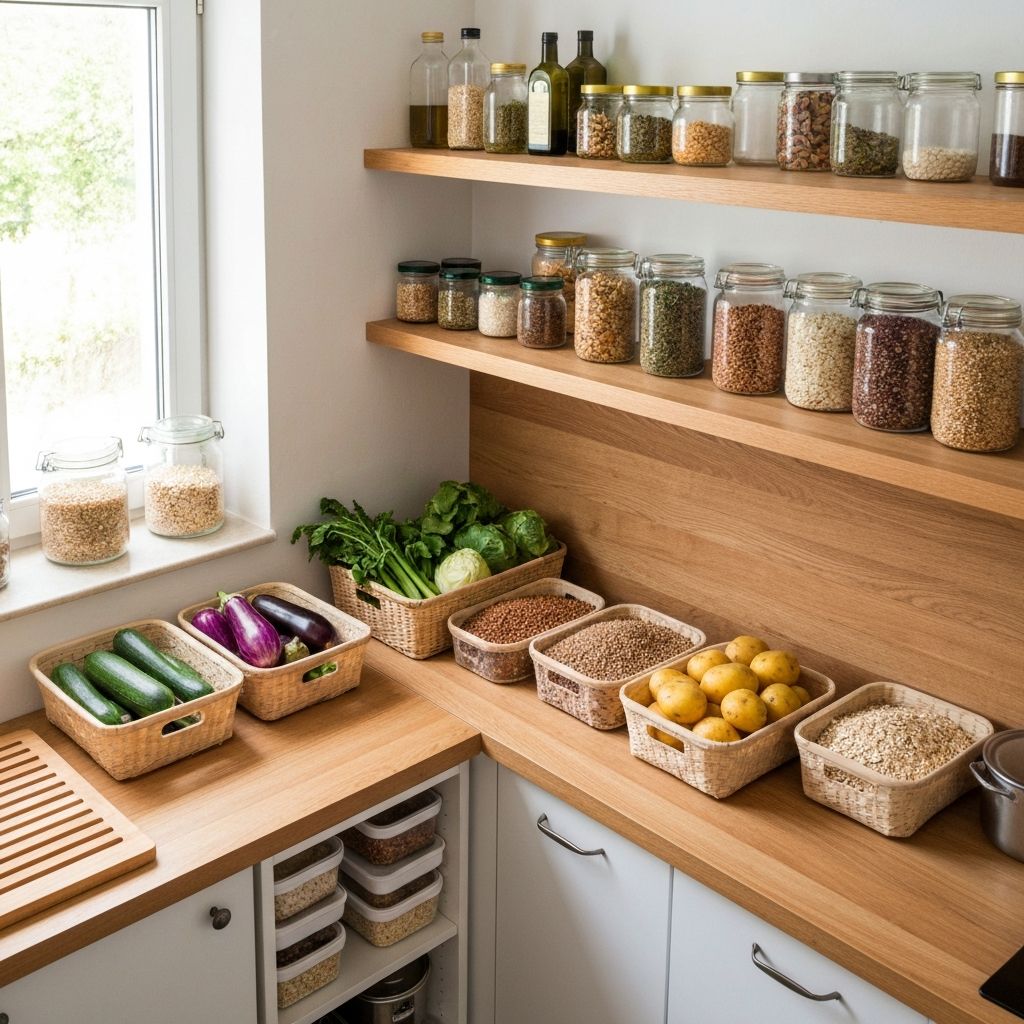 Сцена на организирана кухня с пресни зеленчуци и зърнени храни